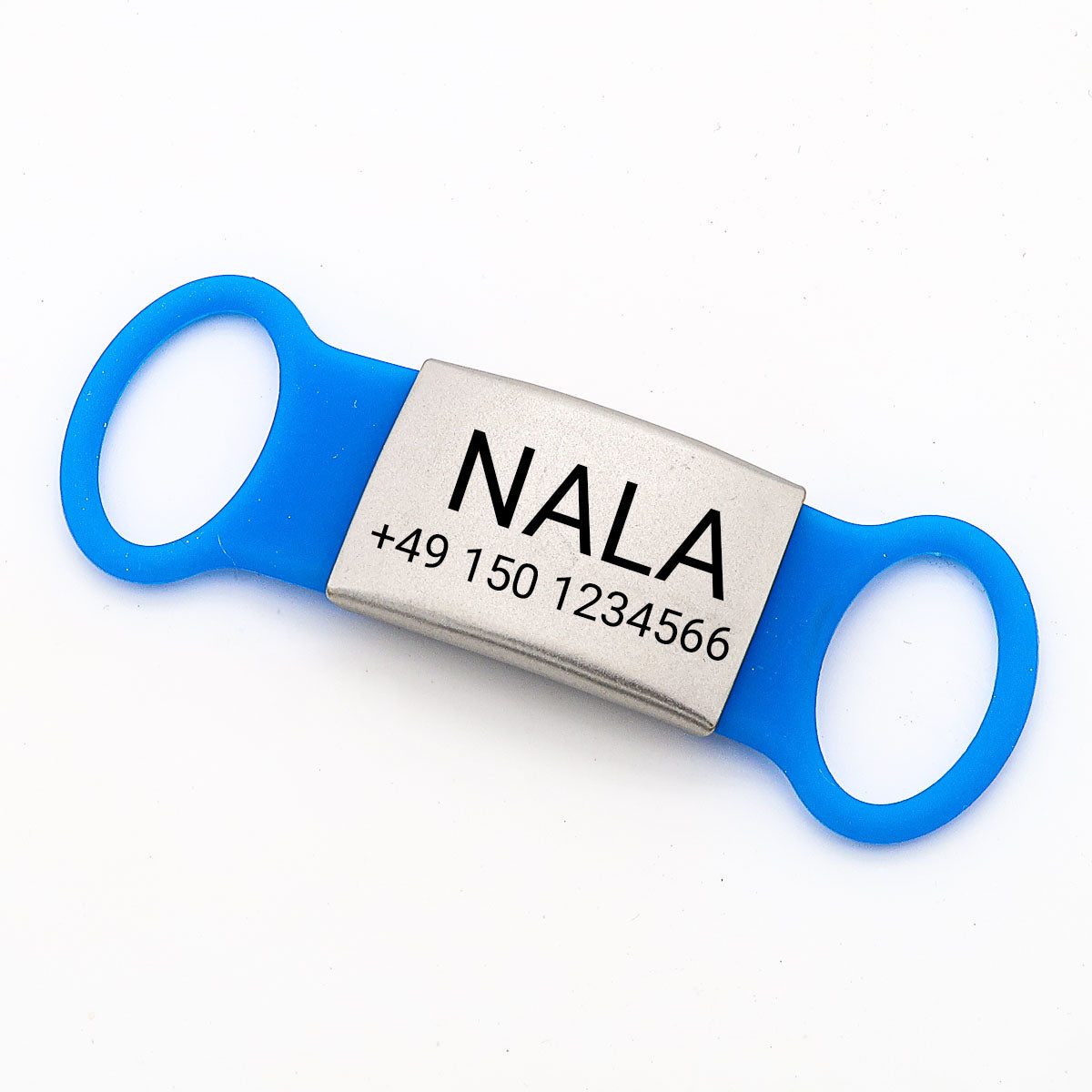 Klapperfreie Hundemarke Silikonslider mit Edelstahl-Schild für Halsbänder in blau