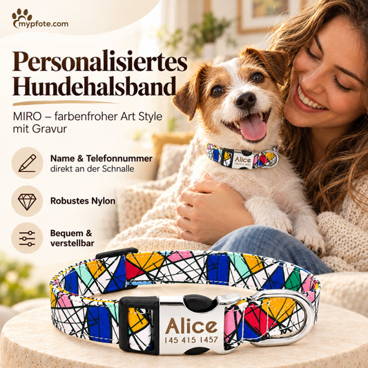 Hundehalsbånd "Miro" indgraveret med navn og telefon, nylon, Art Style