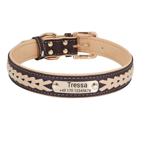 Hundehalsbånd med navnet "Tressa". Gravering af navn og telefon, i tre forskellige størrelser