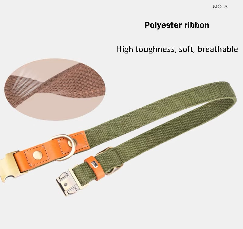 Hundehalsbånd "Valdo" med indgravering - robust PE-stof & læder - mat messing - marineblå, lyseblå eller grøn (S-L)