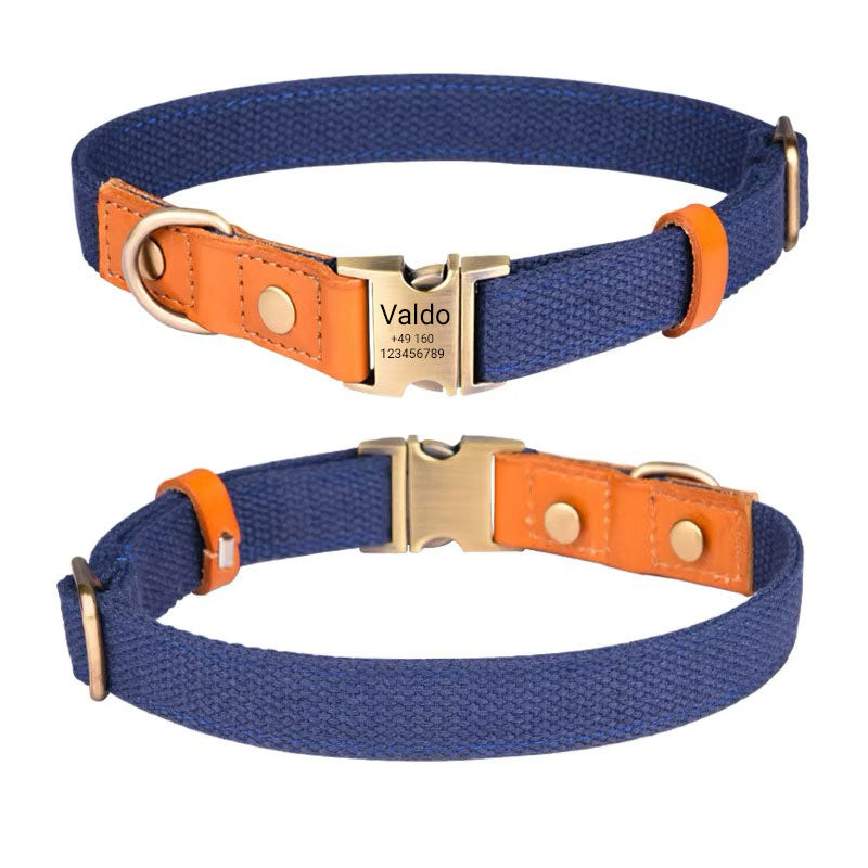 Hundehalsbånd "Valdo" med indgravering - robust PE-stof & læder - mat messing - marineblå, lyseblå eller grøn (S-L)