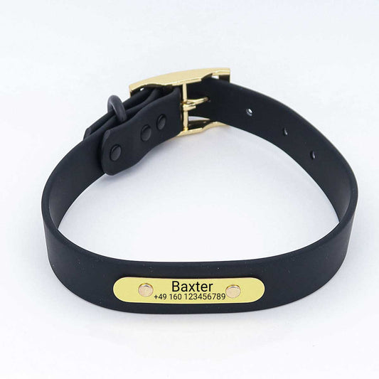 Vandtæt biothan-hundehalsbånd "Baxter" med indgravering - Navn og telefonnummer - Udendørs - Grøn eller sort - S, M, L