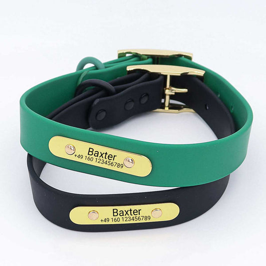 Vandtæt biothan-hundehalsbånd "Baxter" med indgravering - Navn og telefonnummer - Udendørs - Grøn eller sort - S, M, L