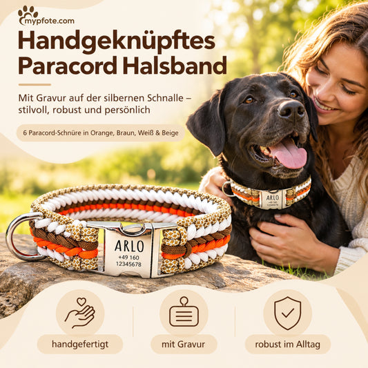 Arlo - Håndlavet paracord-hundehalsbånd med indgravering | Orange-Brun-Hvid-Beige