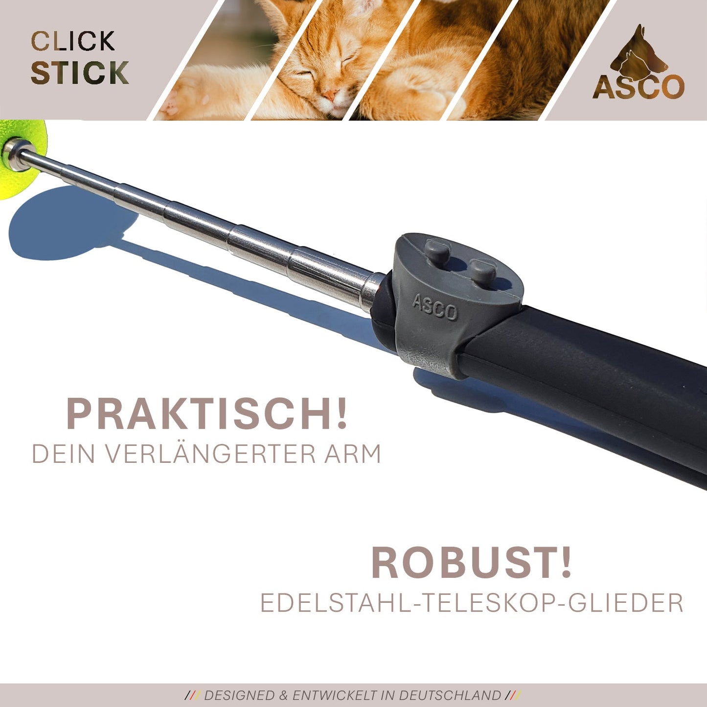 ASCO ClickStick - Målpind med aftagelig premium klikker - Målpind til klikkertræning af hund og kat - Forlængbar målpind med ekstra klikker - Målpind til måltræning