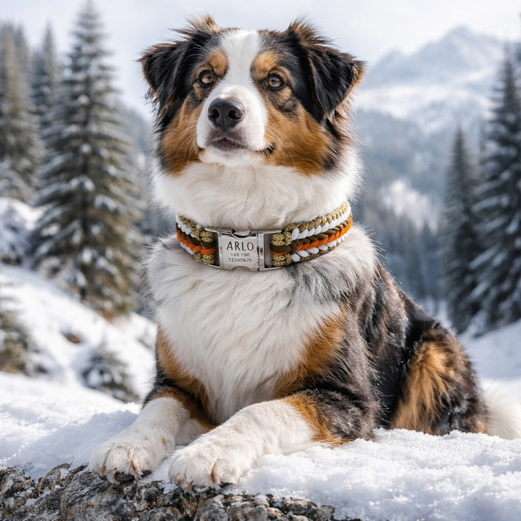 Arlo - Håndlavet paracord-hundehalsbånd med indgravering | Orange-Brun-Hvid-Beige