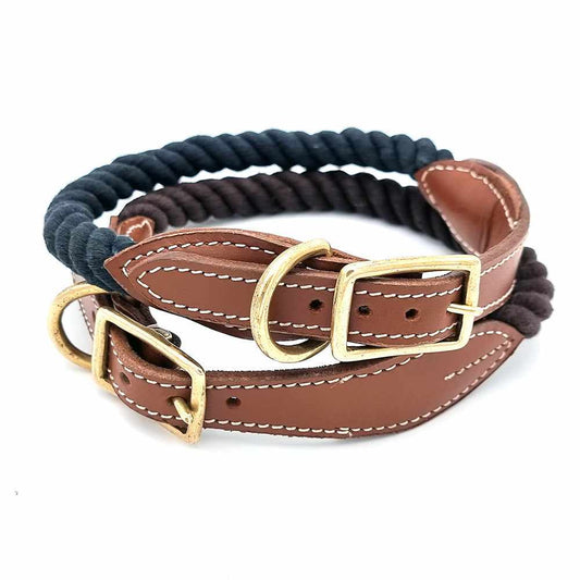 Hundehalsband aus Baumwollseil mit Verschluss aus Leder und Messing