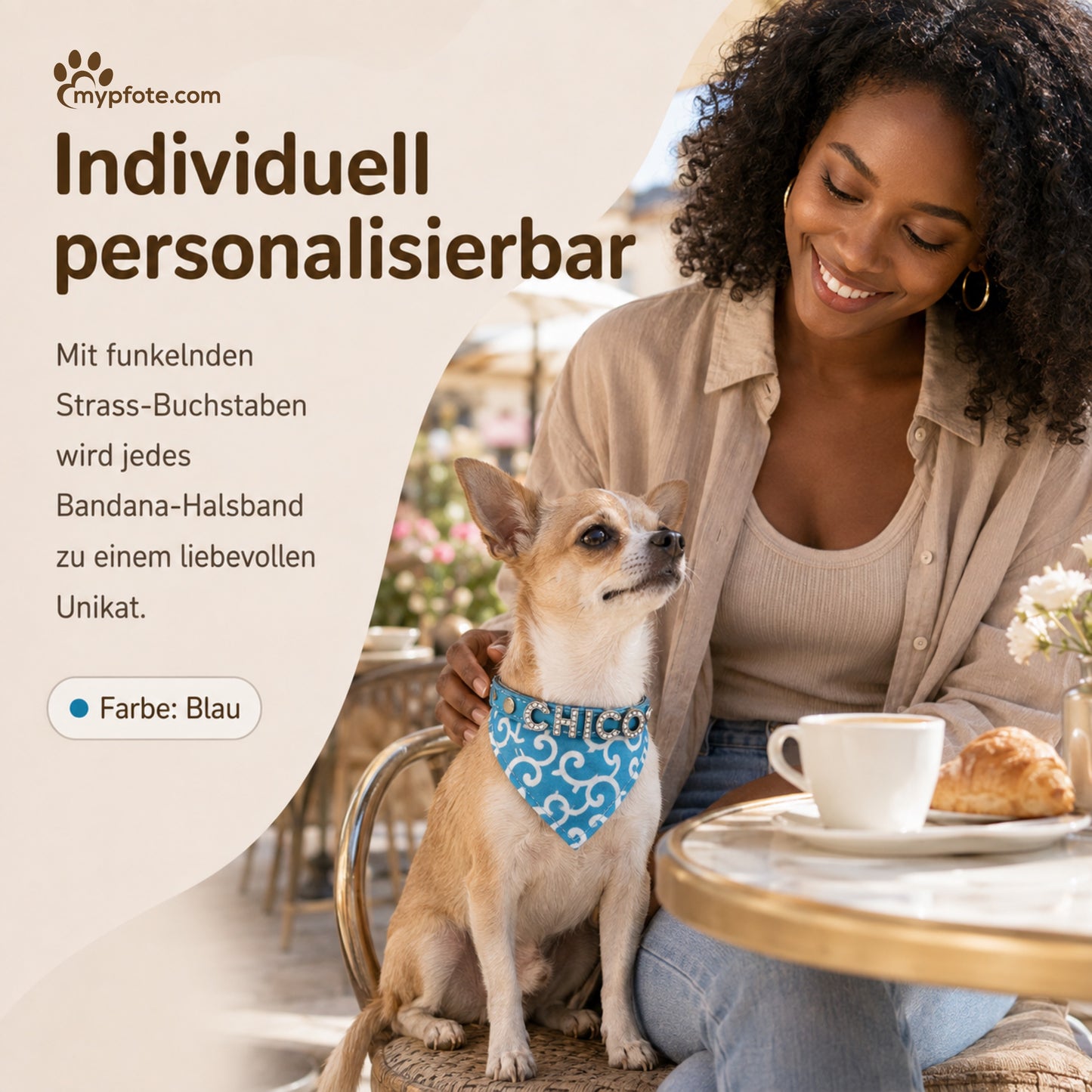 Hundebandana med navn og hundehalsbånd lavet af ægte læder. Besat med glitrende rhinestone-bogstaver
