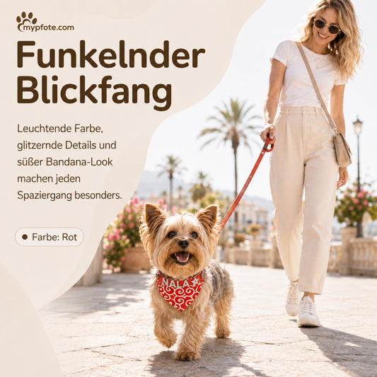Hundebandana med navn og hundehalsbånd lavet af ægte læder. Besat med glitrende rhinestone-bogstaver