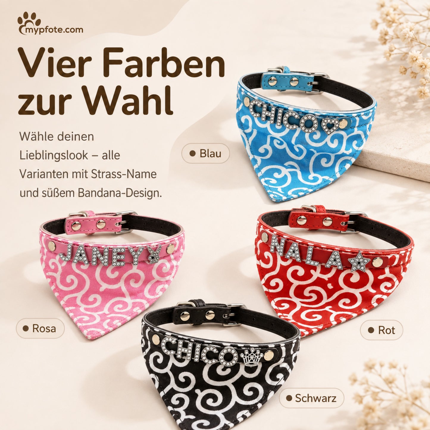 Hundebandana med navn og hundehalsbånd lavet af ægte læder. Besat med glitrende rhinestone-bogstaver