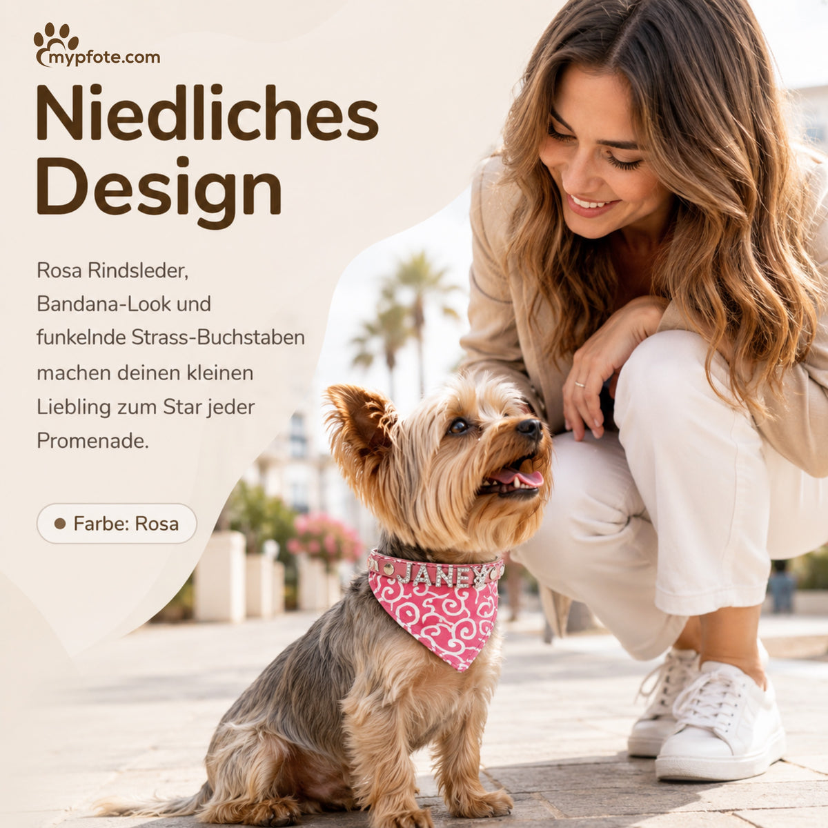 Hundebandana med navn og hundehalsbånd lavet af ægte læder. Besat med glitrende rhinestone-bogstaver
