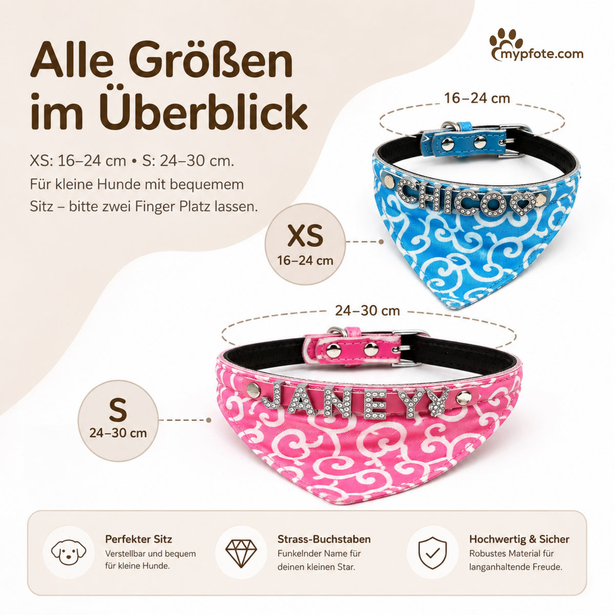 Hundebandana med navn og hundehalsbånd lavet af ægte læder. Besat med glitrende rhinestone-bogstaver