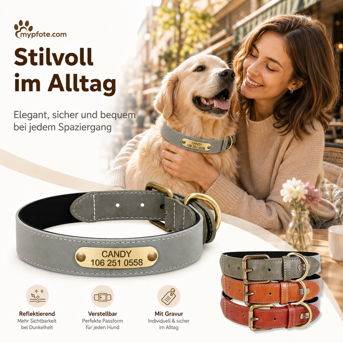 Smukt reflekterende hundehalsbånd med navn indgraveret 