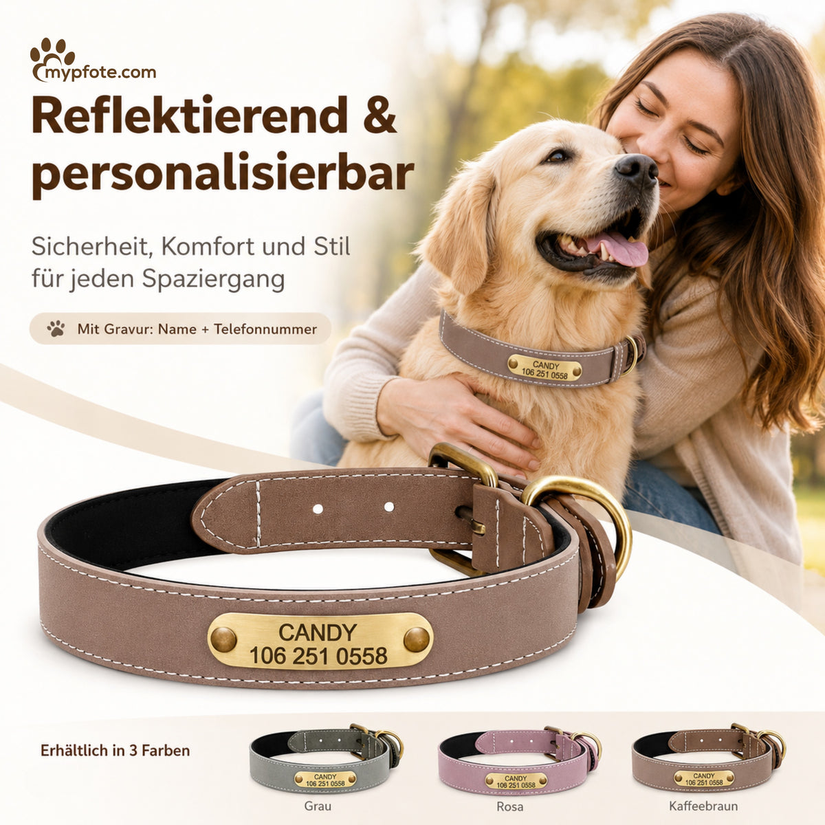 Smukt reflekterende hundehalsbånd med navn indgraveret 