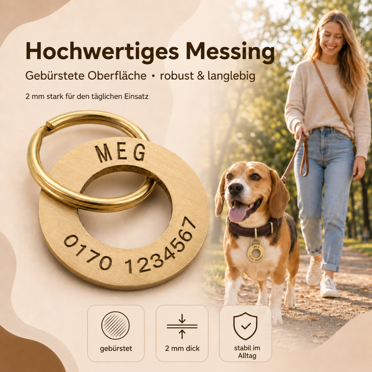 Ringformet hundetegn med indgravering, børstet messing, 30 mm