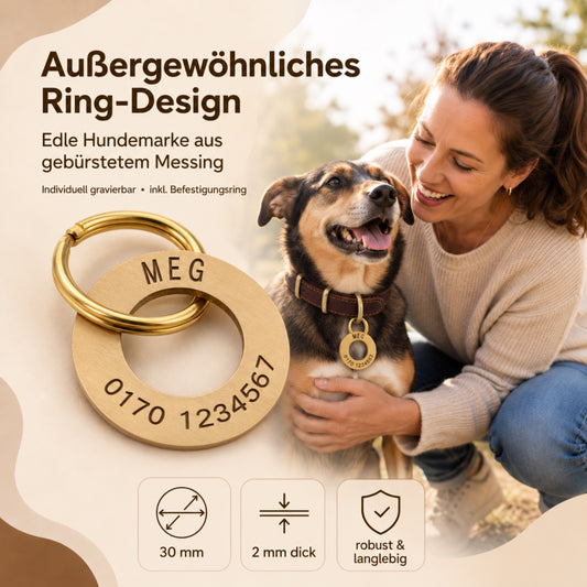 Ringformet hundetegn med indgravering, børstet messing, 30 mm