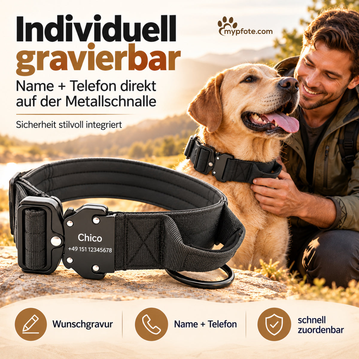 Taktisk hundehalsbånd til store hunde med indgravering af navn