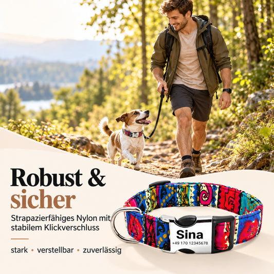 Hundehalsbånd "Sina" - Personaliseret med navn og nummer | Justerbart, farverigt og robust