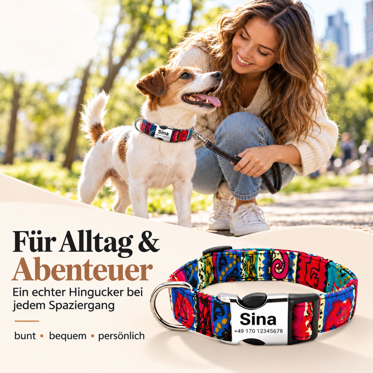 Hundehalsbånd "Sina" - Personaliseret med navn og nummer | Justerbart, farverigt og robust