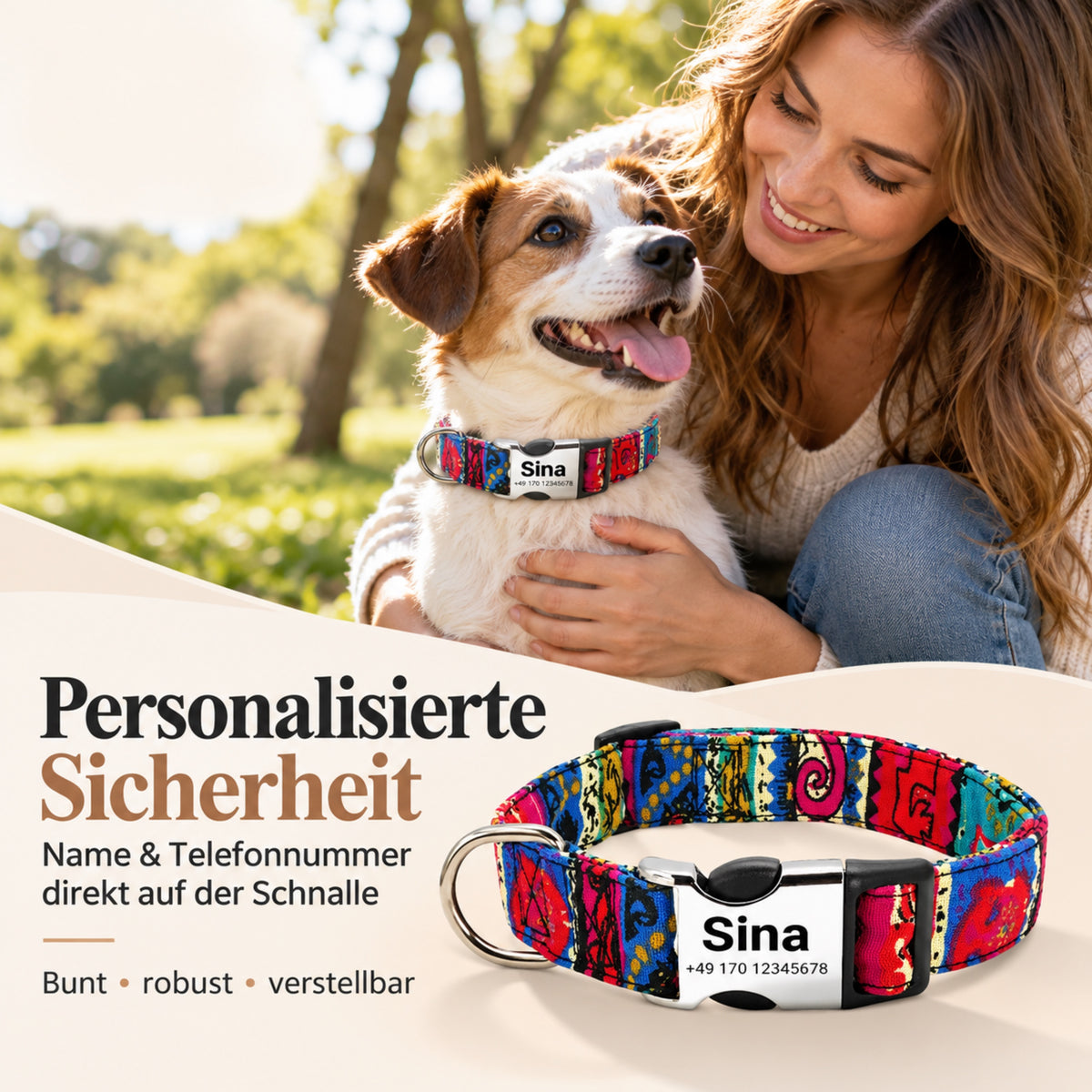 Hundehalsbånd "Sina" - Personaliseret med navn og nummer | Justerbart, farverigt og robust