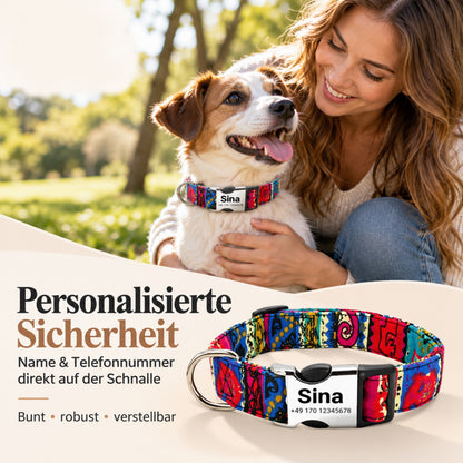 Hundehalsbånd "Sina" - Personaliseret med navn og nummer | Justerbart, farverigt og robust