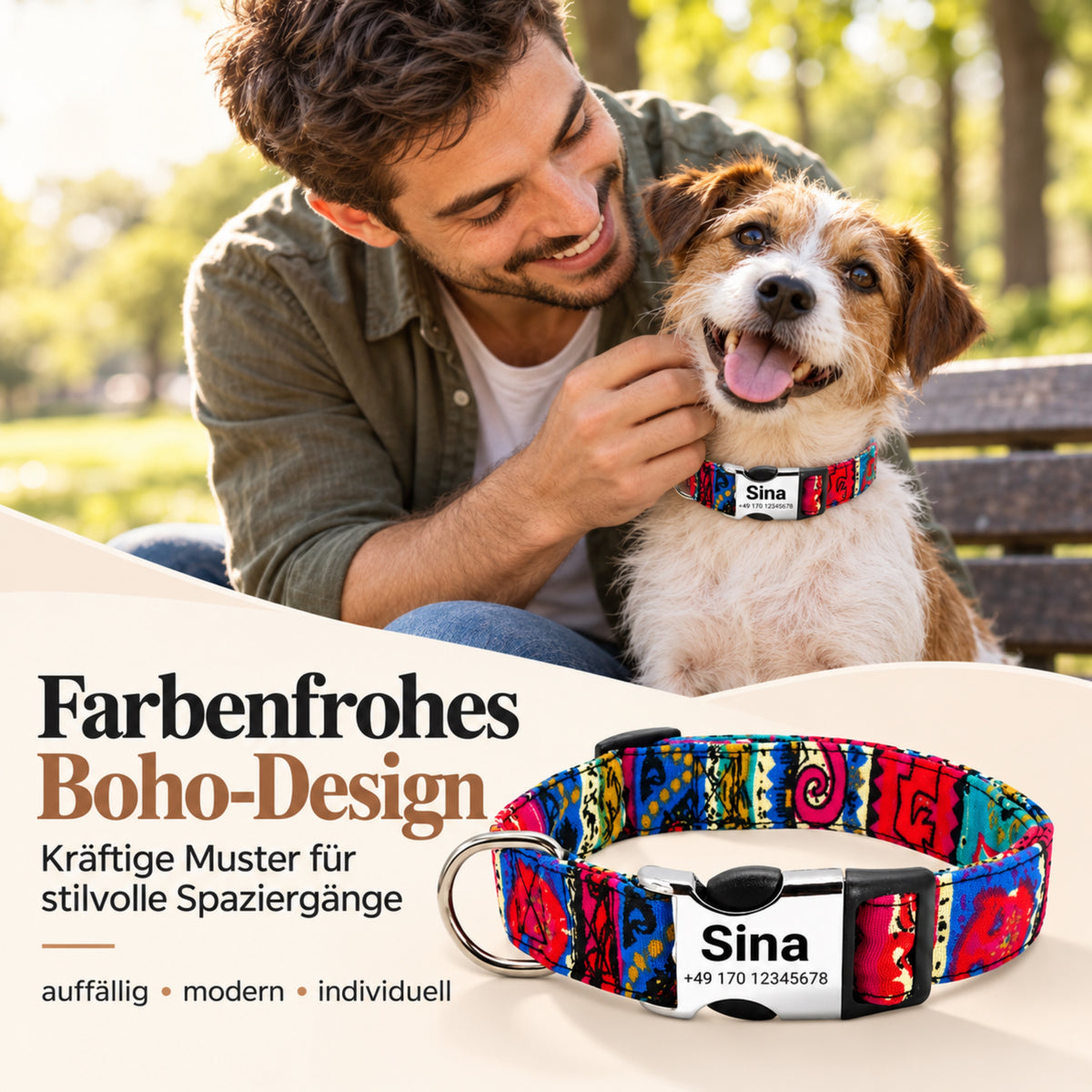 Hundehalsbånd "Sina" - Personaliseret med navn og nummer | Justerbart, farverigt og robust