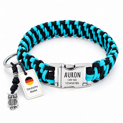 Paracord-hundehalsbånd "Auron" med indgravering af navn og telefon på spændet, tre forskellige størrelser