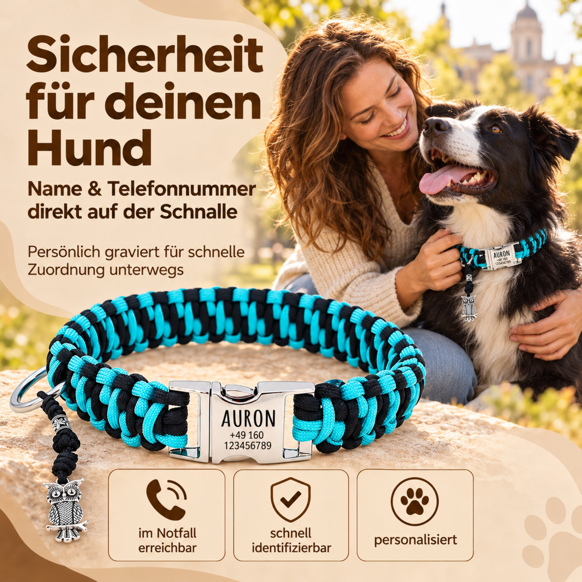 Paracord-hundehalsbånd "Auron" med indgravering af navn og telefon på spændet, tre forskellige størrelser