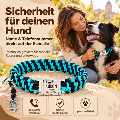 Paracord-hundehalsbånd "Auron" med indgravering af navn og telefon på spændet, tre forskellige størrelser