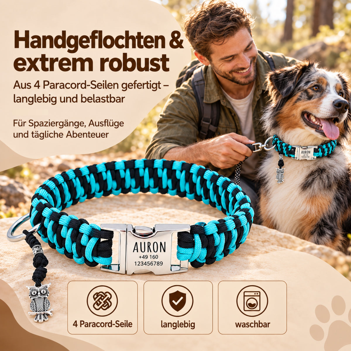 Paracord-hundehalsbånd "Auron" med indgravering af navn og telefon på spændet, tre forskellige størrelser