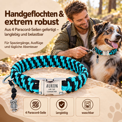Paracord-hundehalsbånd "Auron" med indgravering af navn og telefon på spændet, tre forskellige størrelser