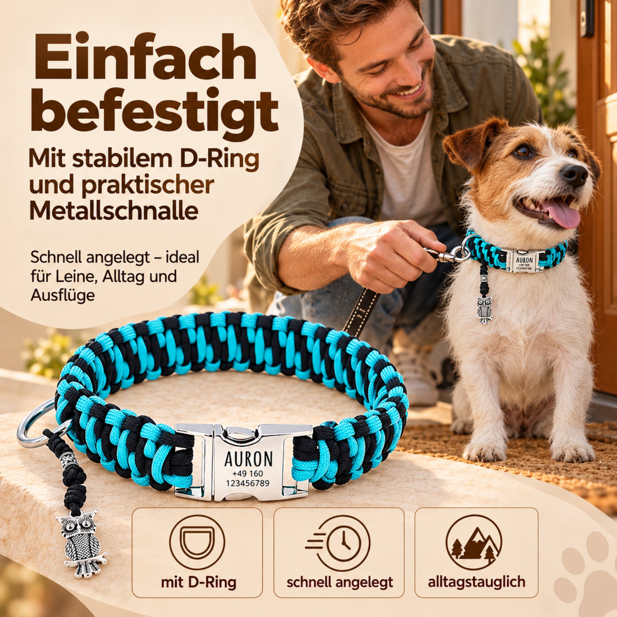 Paracord-hundehalsbånd "Auron" med indgravering af navn og telefon på spændet, tre forskellige størrelser