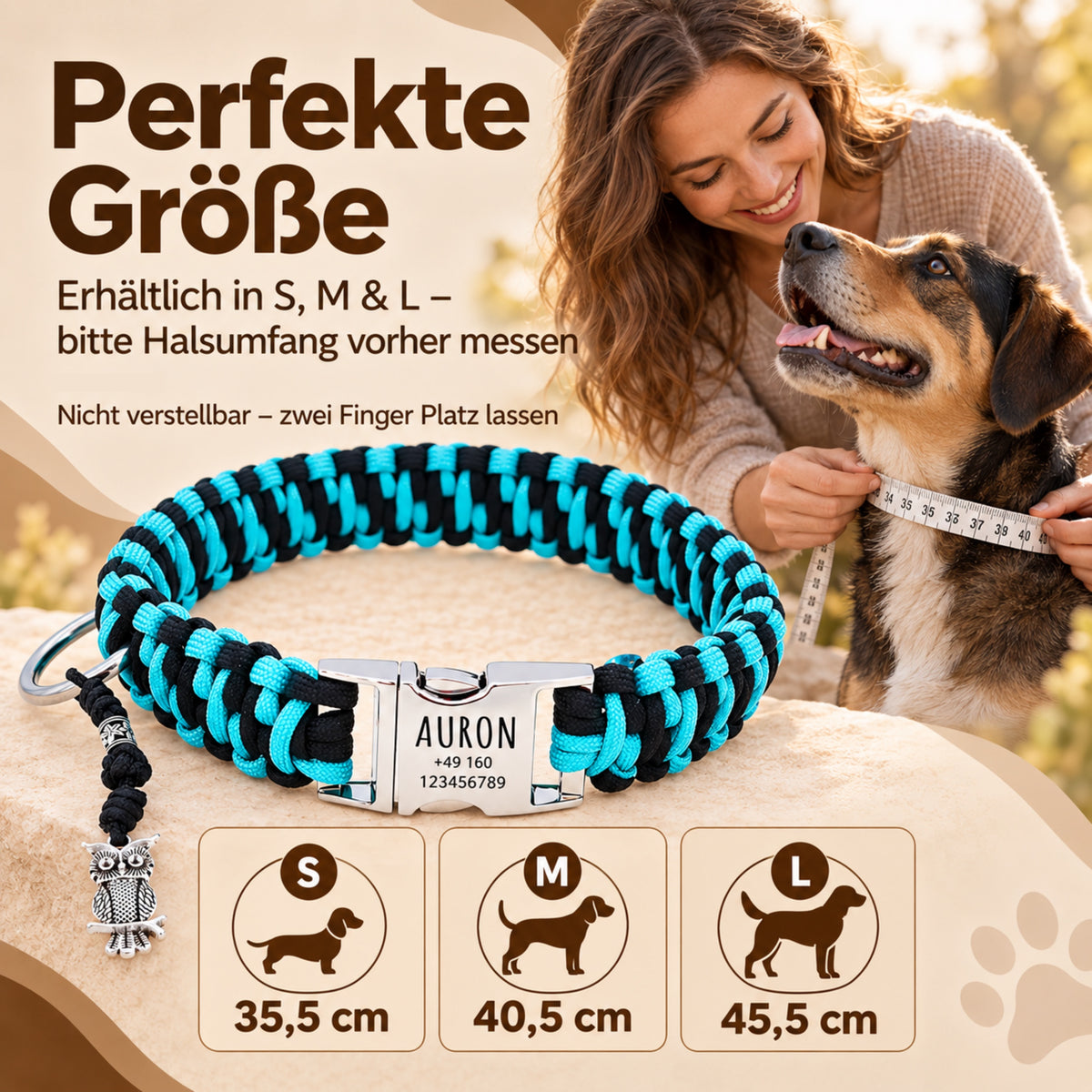 Paracord-hundehalsbånd "Auron" med indgravering af navn og telefon på spændet, tre forskellige størrelser