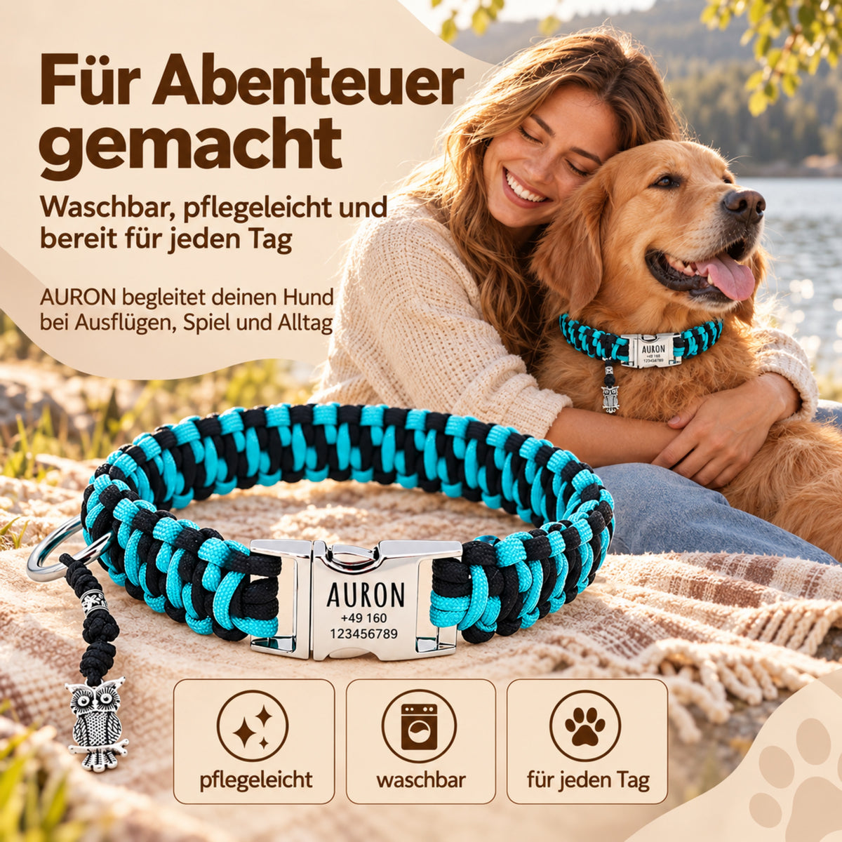 Paracord-hundehalsbånd "Auron" med indgravering af navn og telefon på spændet, tre forskellige størrelser