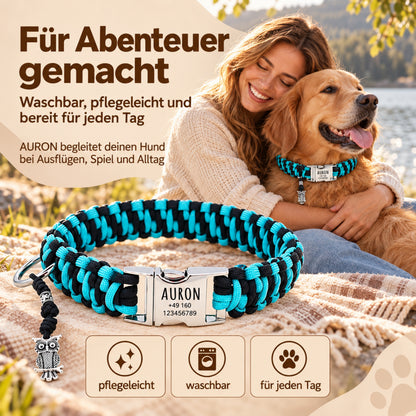 Paracord-hundehalsbånd "Auron" med indgravering af navn og telefon på spændet, tre forskellige størrelser
