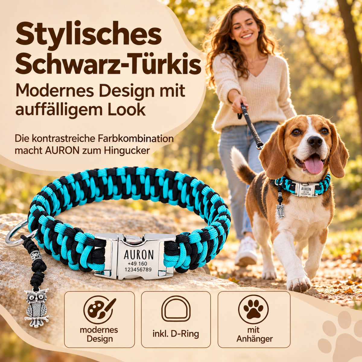 Paracord-hundehalsbånd "Auron" med indgravering af navn og telefon på spændet, tre forskellige størrelser