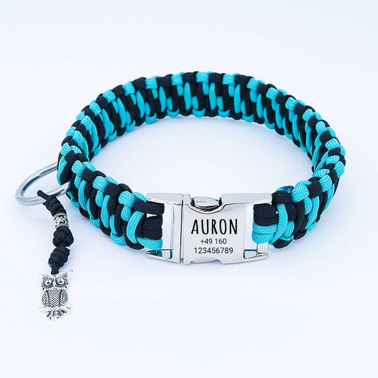 Paracord-hundehalsbånd "Auron" med indgravering af navn og telefon på spændet, tre forskellige størrelser