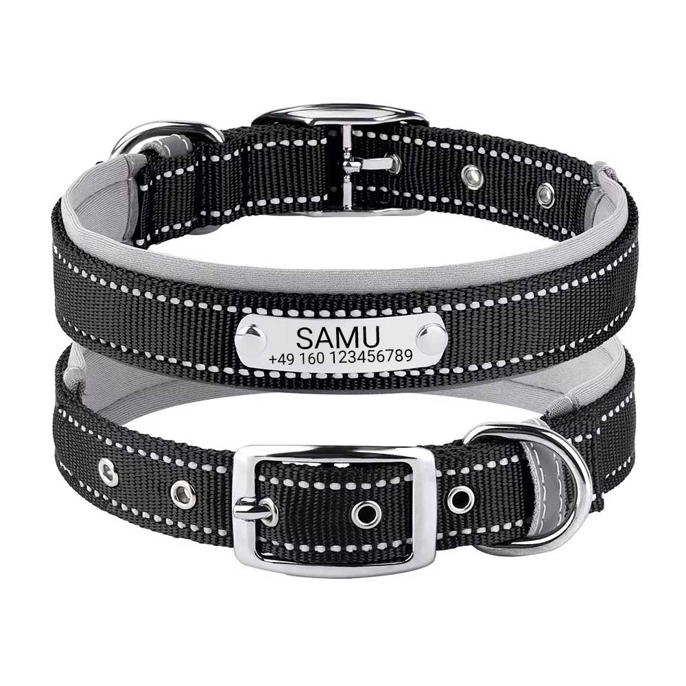 Graveret hundehalsbånd "Samu" med reflekterende sikkerhedssøm. Personalisering med navn og telefonnummer