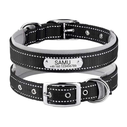 Graveret hundehalsbånd "Samu" med reflekterende sikkerhedssøm. Personalisering med navn og telefonnummer