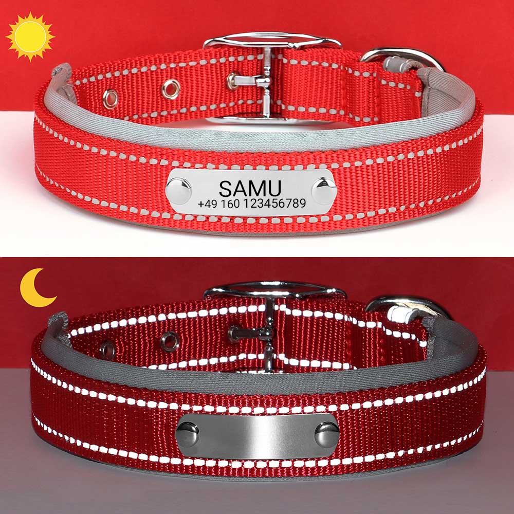 Graveret hundehalsbånd "Samu" med reflekterende sikkerhedssøm. Personalisering med navn og telefonnummer