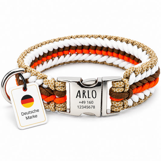 Arlo - Håndlavet paracord-hundehalsbånd med indgravering | Orange-Brun-Hvid-Beige