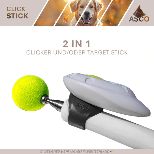 ASCO ClickStick - Målpind med aftagelig premium klikker - Målpind til klikkertræning af hund og kat - Forlængbar målpind med ekstra klikker - Målpind til måltræning