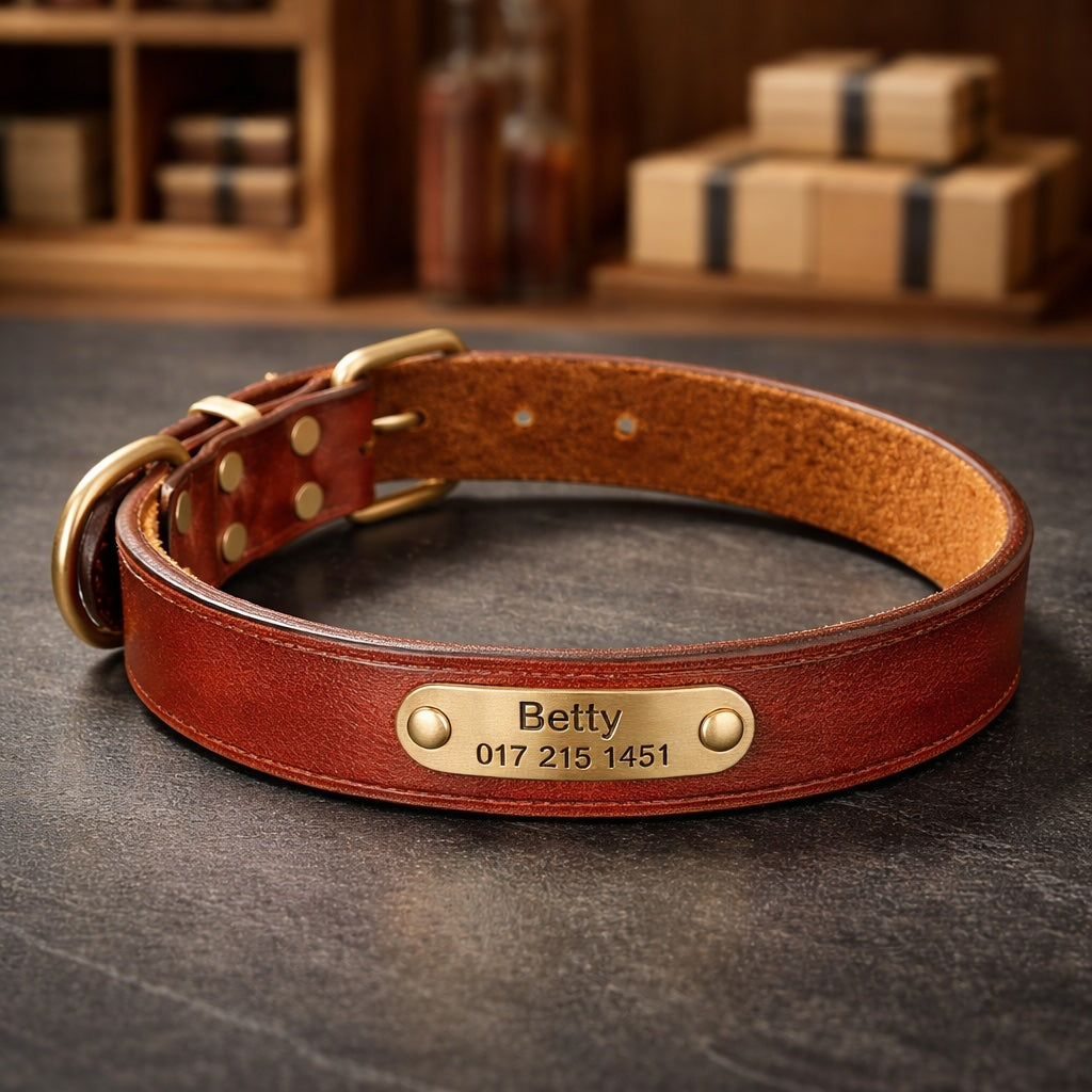 Læderhalsbånd med guldfarvet tag, indgraveret navn og telefon
