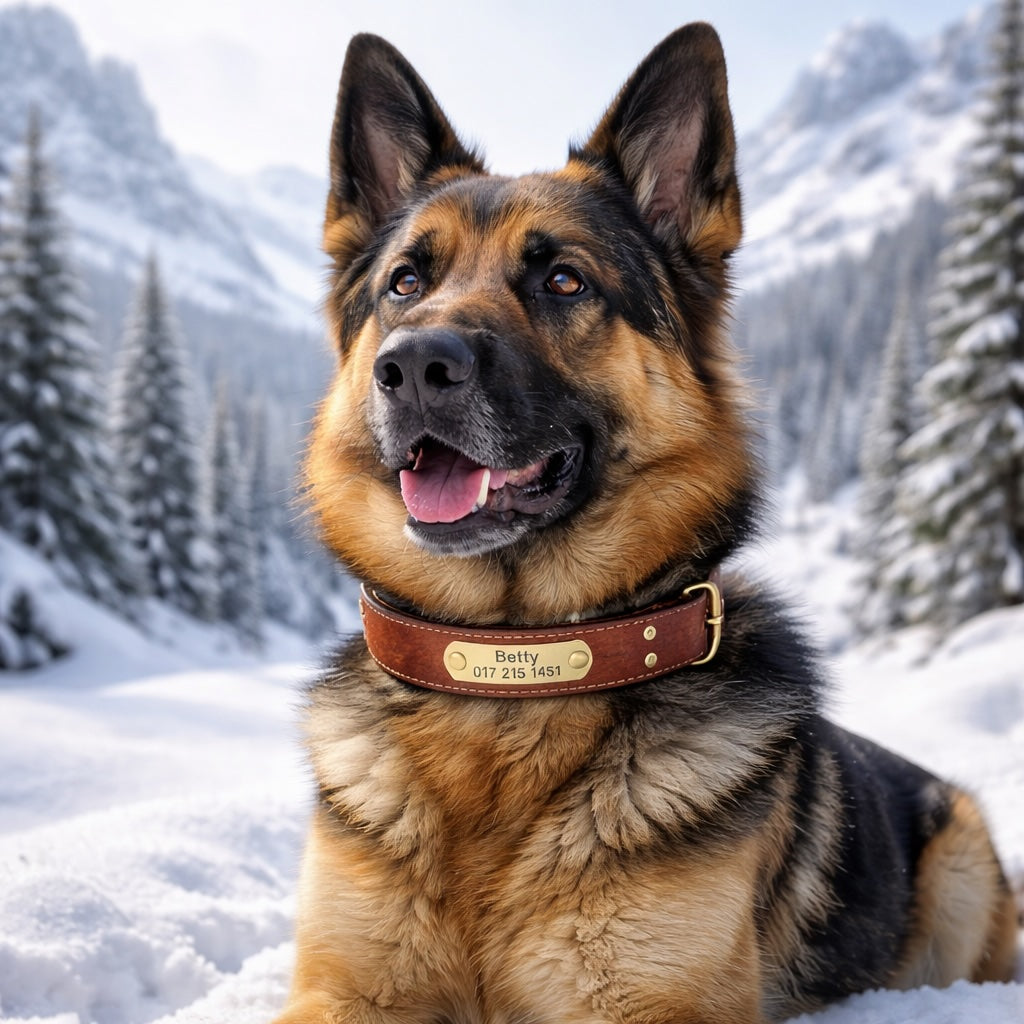 Læderhalsbånd med guldfarvet tag, indgraveret navn og telefon