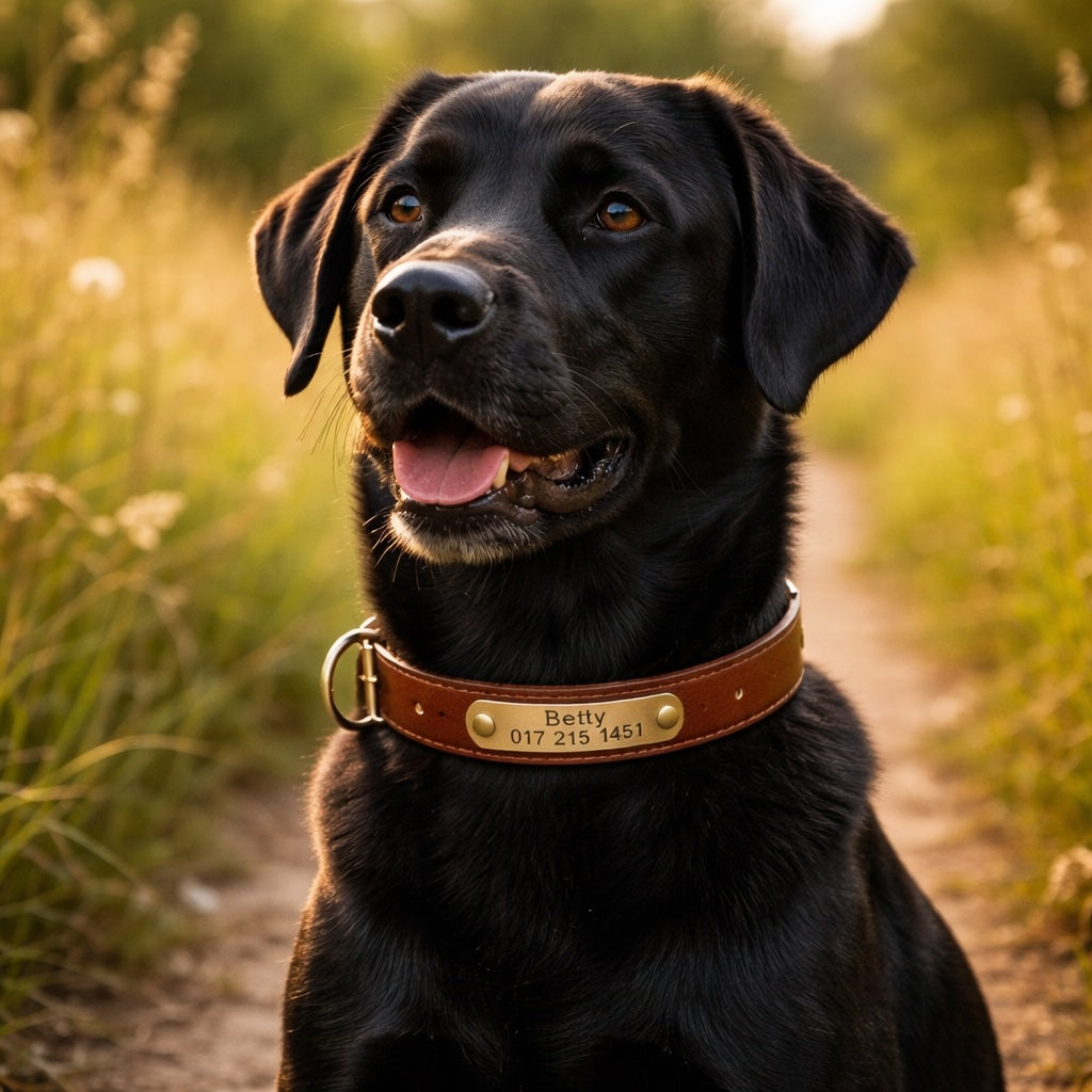 Læderhalsbånd med guldfarvet tag, indgraveret navn og telefon