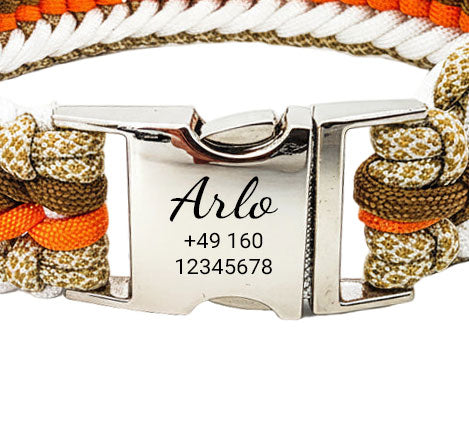 Arlo - Håndlavet paracord-hundehalsbånd med indgravering | Orange-Brun-Hvid-Beige