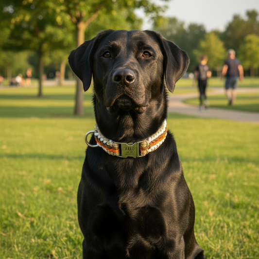 Arlo - Håndlavet paracord-hundehalsbånd med indgravering | Orange-Brun-Hvid-Beige