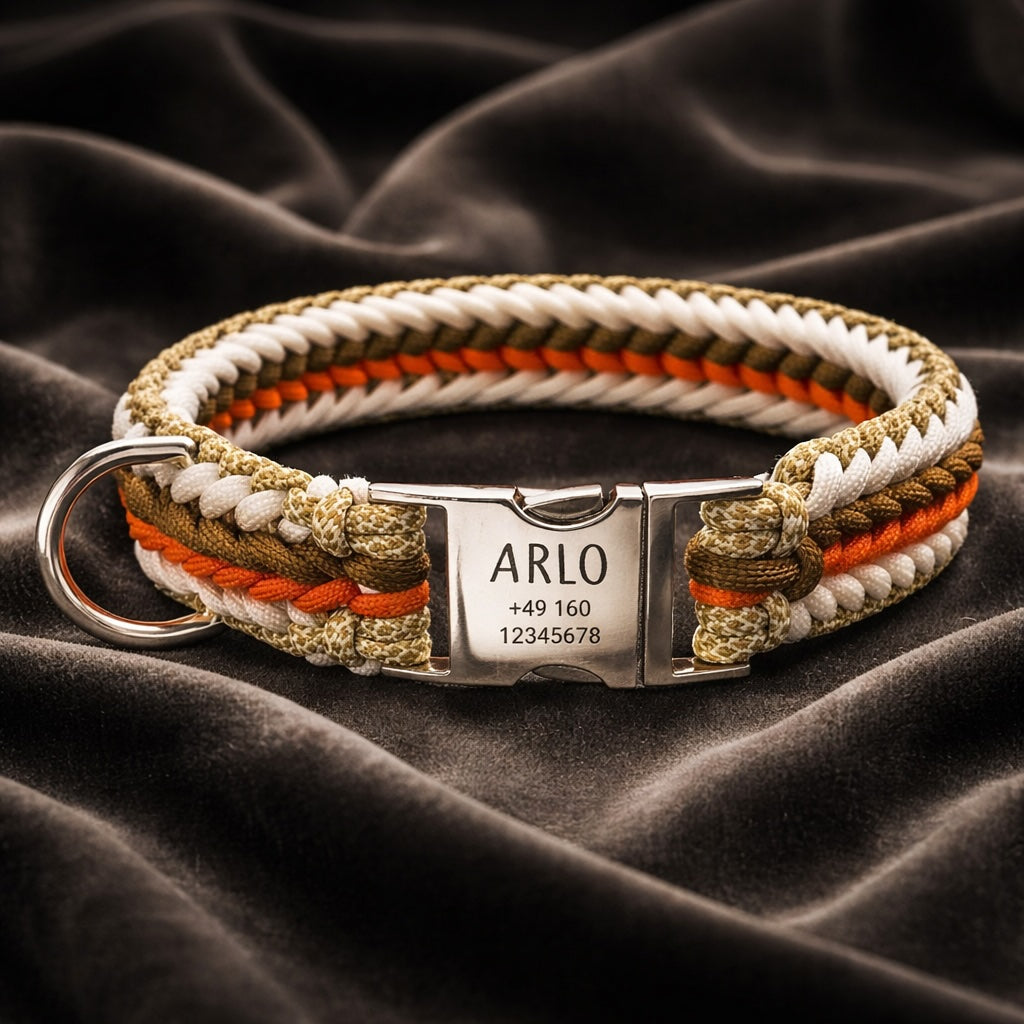 Arlo - Håndlavet paracord-hundehalsbånd med indgravering | Orange-Brun-Hvid-Beige