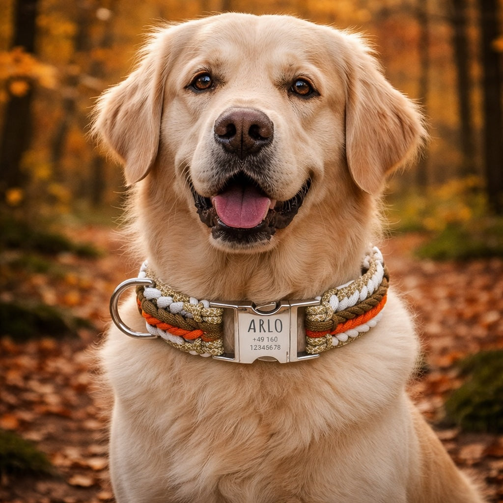 Arlo - Håndlavet paracord-hundehalsbånd med indgravering | Orange-Brun-Hvid-Beige