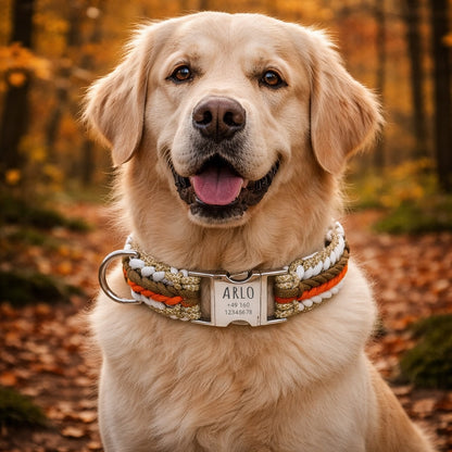 Arlo - Håndlavet paracord-hundehalsbånd med indgravering | Orange-Brun-Hvid-Beige